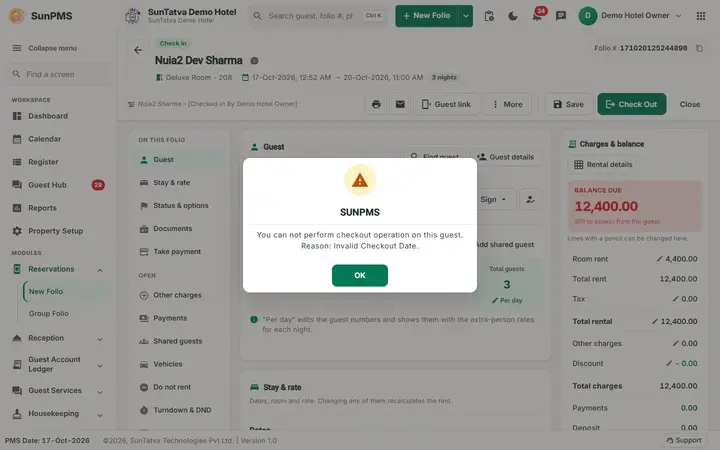 Check-out, Settlement and Invoice Printing: checkout invalid date