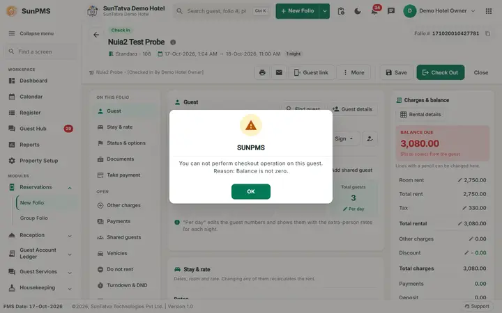 Check-out, Settlement and Invoice Printing: checkout after click