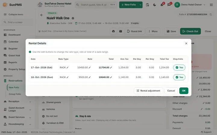 Folio - Rental Adjustment: folio adjustment rental details