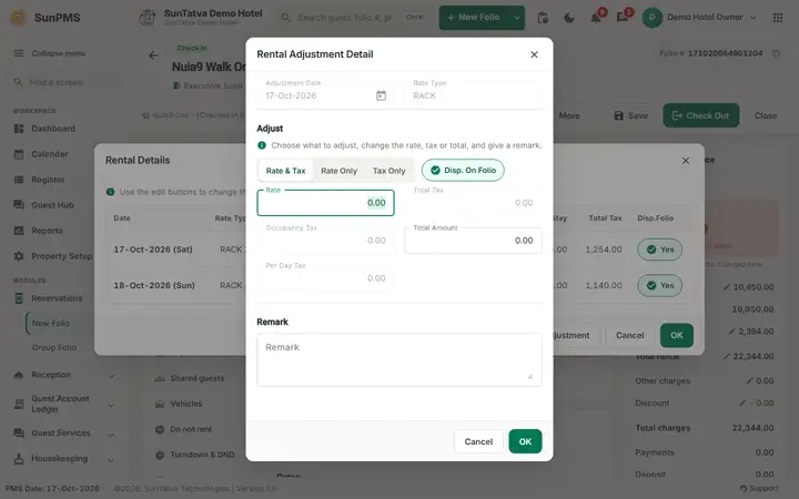Folio - Rental Adjustment: folio adjustment dialog