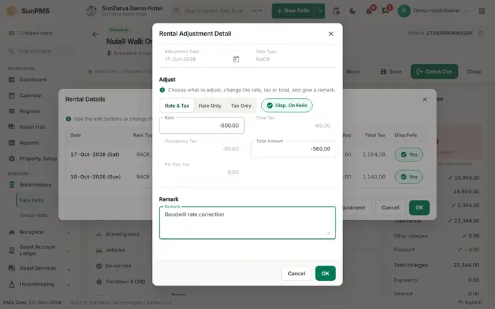 Folio - Rental Adjustment: rental Adjustment Detail