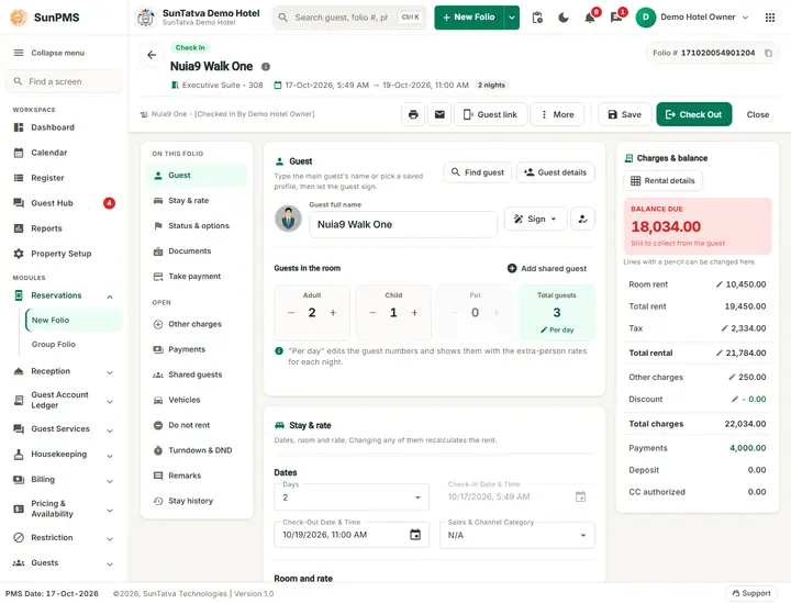 SunPMS screen: Reservations and folio billing
