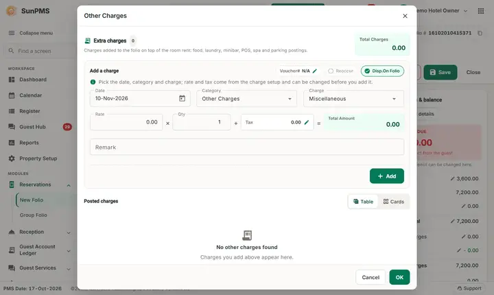 Folio - Other Charges: other Charges window