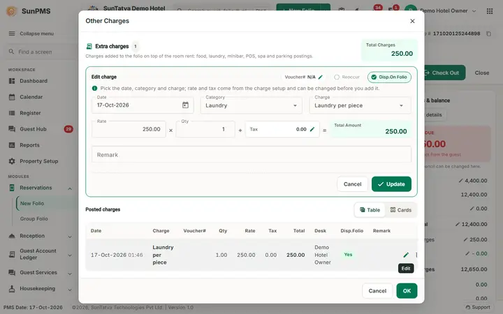 Folio - Other Charges Worked Through: folio charges edit