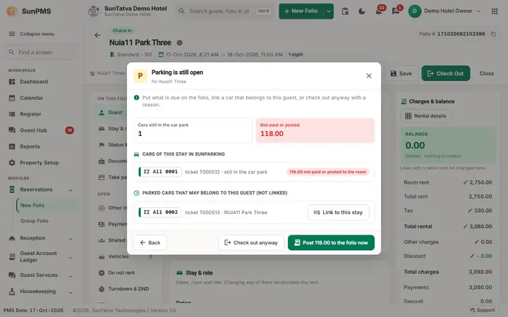 SunParking: Parking Notifications, Vehicle Linking and Walk-in Guests: the window with a car to link and a charge to post