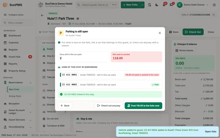 SunParking: Parking Notifications, Vehicle Linking and Walk-in Guests: after linking