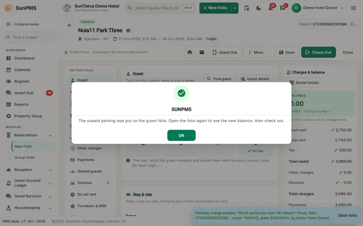 SunParking: Parking Notifications, Vehicle Linking and Walk-in Guests: posted to the room