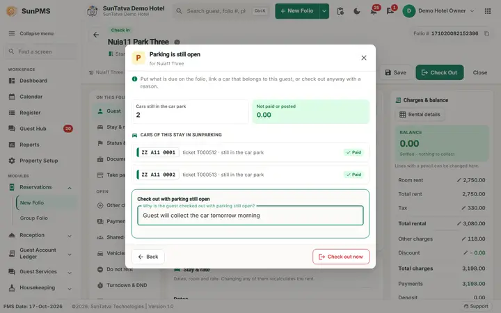 SunParking: Parking Notifications, Vehicle Linking and Walk-in Guests: reason box