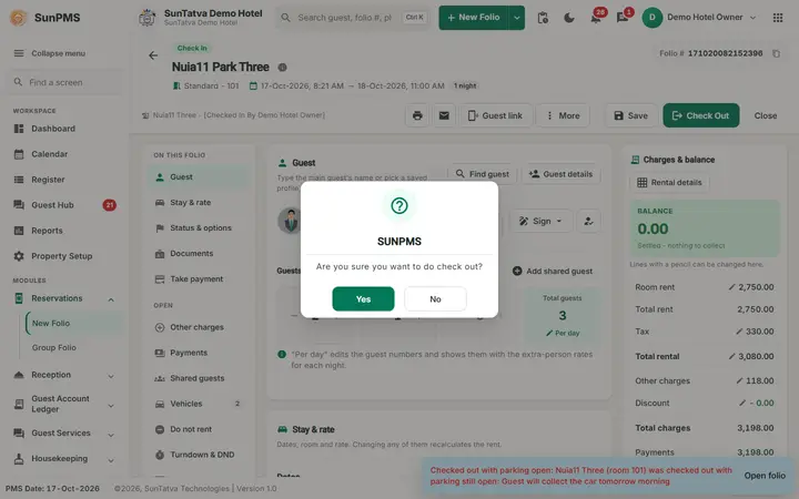 SunParking: Parking Notifications, Vehicle Linking and Walk-in Guests: folio checkout parking confirm