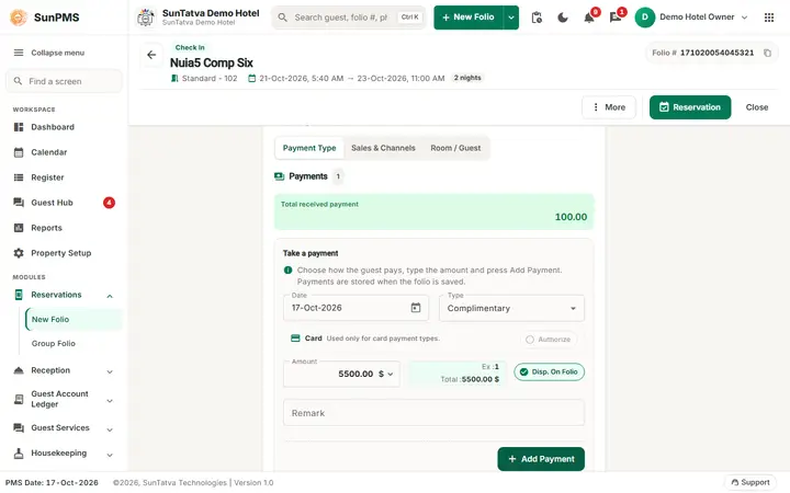 Folio - Complimentary and House-Use Stays: complimentary payment on the folio