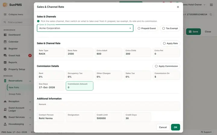 Folio - Payment Transfer and Billing to a Company: folio company company