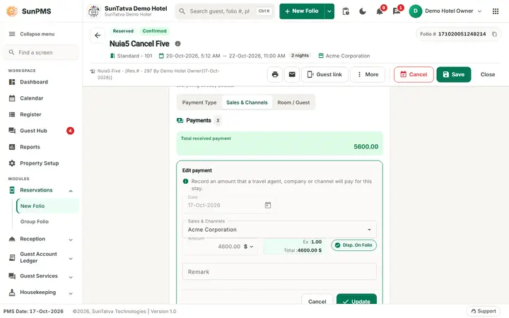 Folio - Payment Transfer and Billing to a Company: editing a company payment opens the Sales & Channels tab