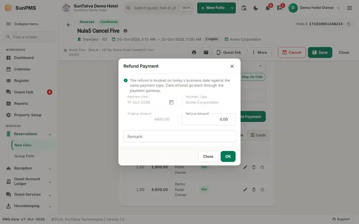 Folio - Payment Transfer and Billing to a Company: refund Payment for a company payment