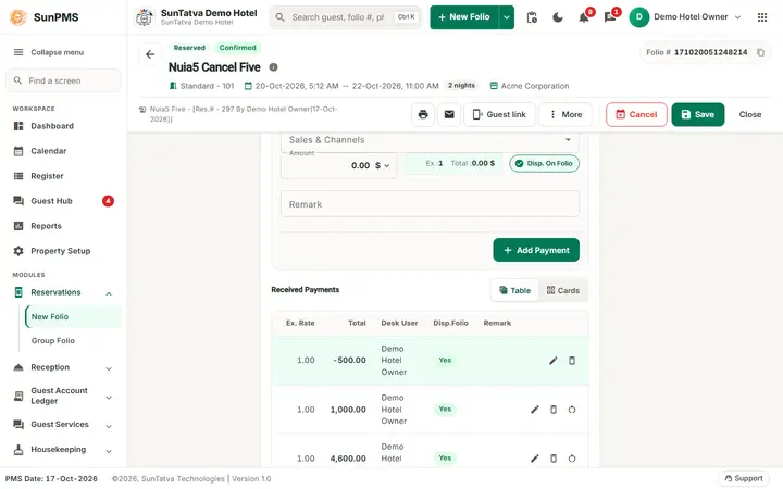 Folio - Payment Transfer and Billing to a Company: the refund line of the company