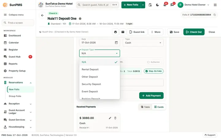 Folio - Deposits, Invoice and the Missing Credit Note: folio deposit deposit type