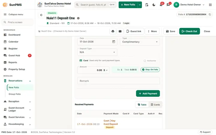 Folio - Deposits, Invoice and the Missing Credit Note: folio deposit deposit added