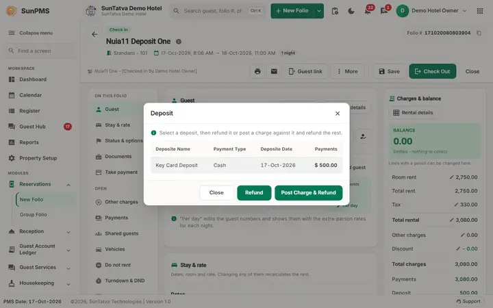 Folio - Deposits, Invoice and the Missing Credit Note: deposit window at check out