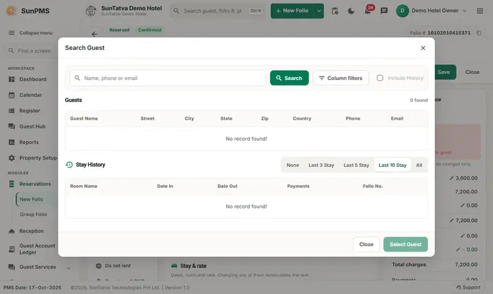 Folio - Search Guest, Keep or New Profile, and Name Detail: folio guest search empty