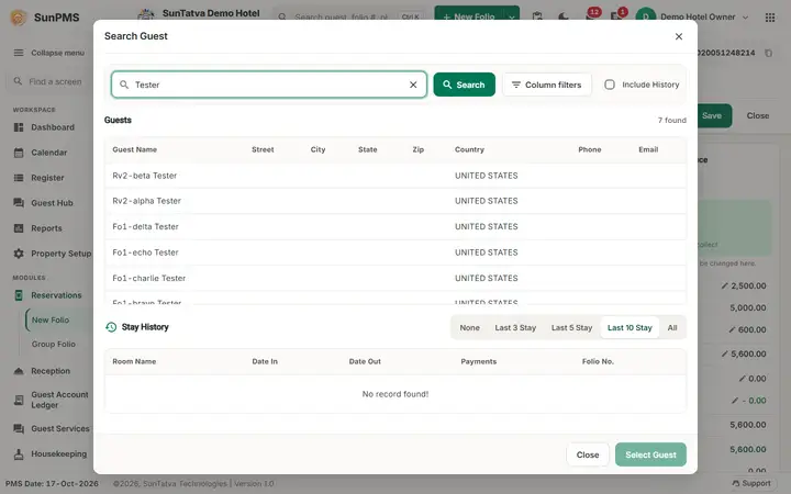 Folio - Search Guest, Keep or New Profile, and Name Detail: search Guest window with results