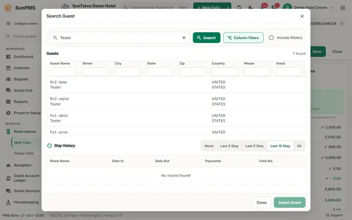 Folio - Search Guest, Keep or New Profile, and Name Detail: folio guest filter