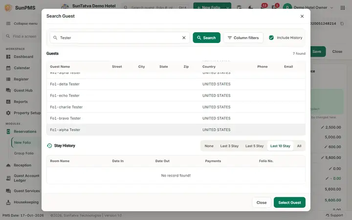 Folio - Search Guest, Keep or New Profile, and Name Detail: include History and the Stay History table