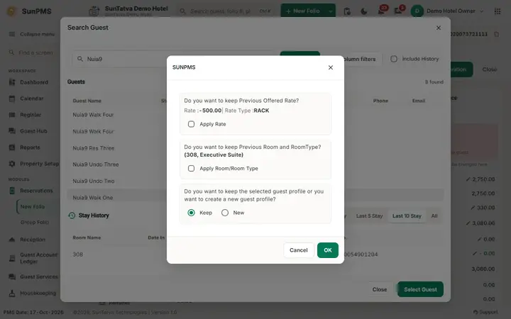 Folio - Search Guest, Keep or New Profile, and Name Detail: keep or New question