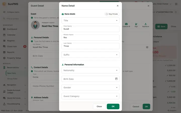 Folio - Search Guest, Keep or New Profile, and Name Detail: folio guest name detail
