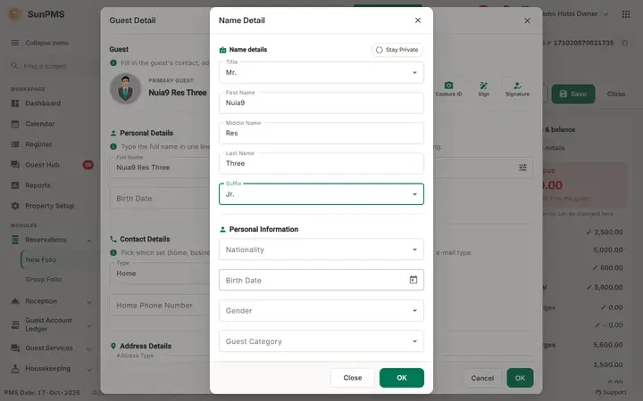 Folio - Search Guest, Keep or New Profile, and Name Detail: name Detail filled