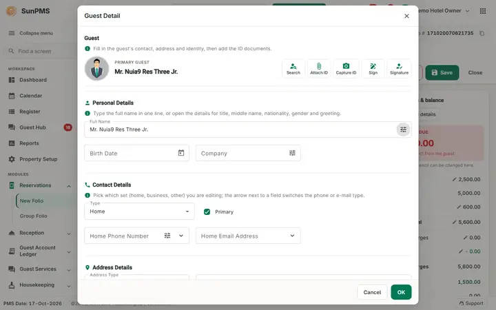 Folio - Search Guest, Keep or New Profile, and Name Detail: folio guest name applied