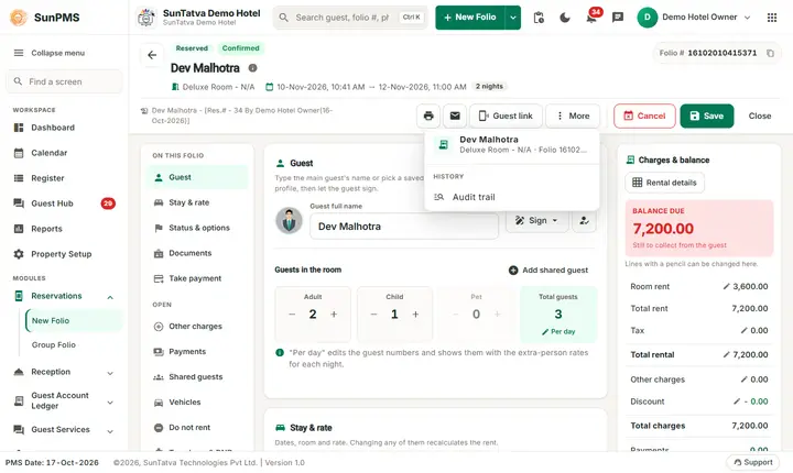 Folio - Header, Information Icon, Folio Number and Audit Trail: folio header footer info