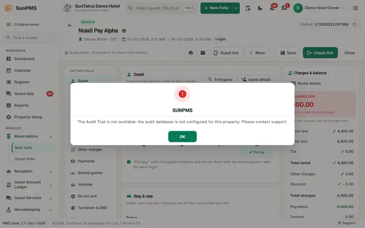 Folio - Header, Information Icon, Folio Number and Audit Trail: audit Trail message