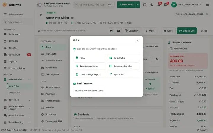 Folio - Header, Information Icon, Folio Number and Audit Trail: print window