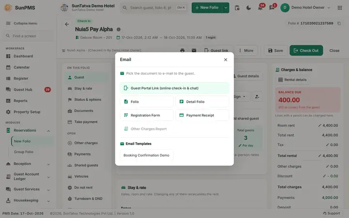 Folio - Header, Information Icon, Folio Number and Audit Trail: email window