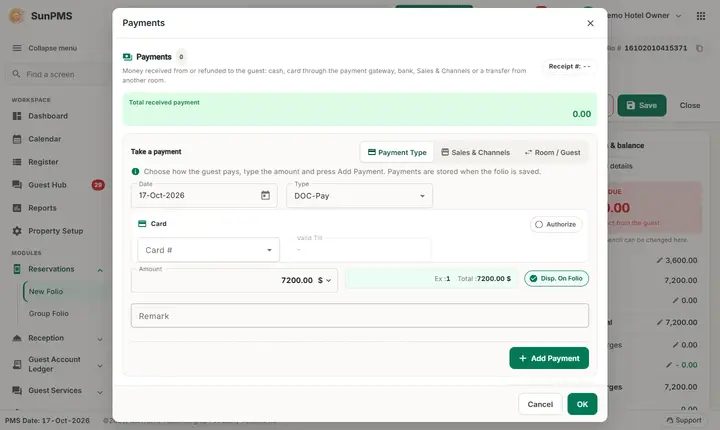 Folio - Payments in Detail: folio payments dialog