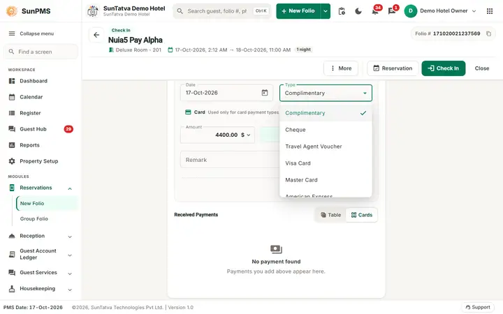 Folio - Payments in Detail: folio payments types