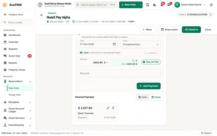 Folio - Payments in Detail: take payment section with a rupee payment added