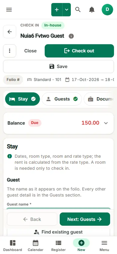 Simplified Check-In / Reservation Screen (guided folio): folio on a phone: Stay