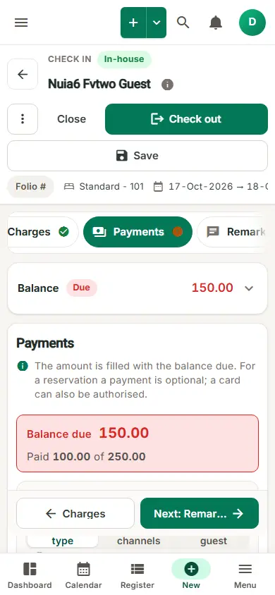 Simplified Check-In / Reservation Screen (guided folio): folio on a phone: Payments