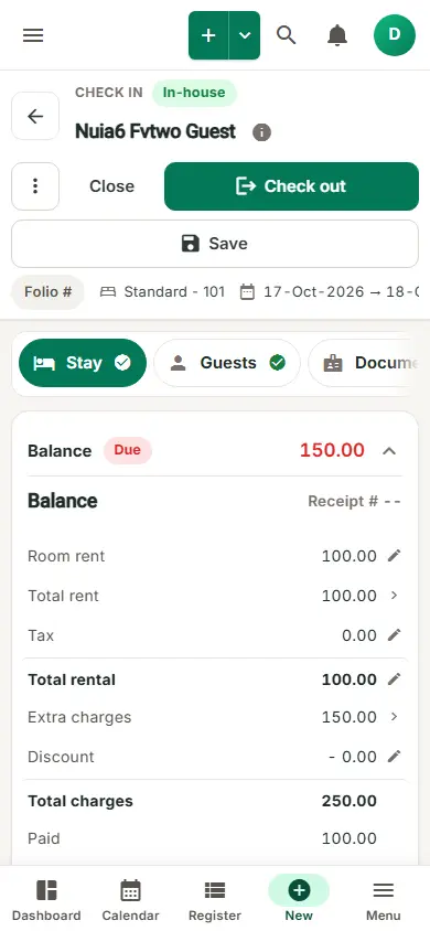 Simplified Check-In / Reservation Screen (guided folio): folio on a phone: Balance opened