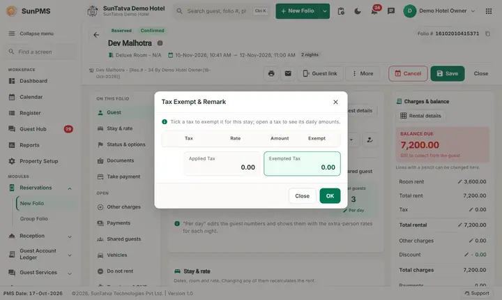 Folio - Rate per Night, Rate Change and Tax Exempt: folio rate tax tax dialog