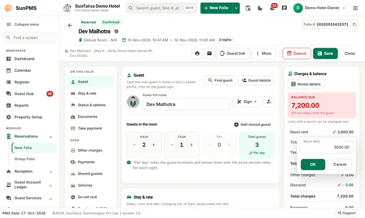 Folio - Rate per Night, Rate Change and Tax Exempt: folio rate tax rent edit