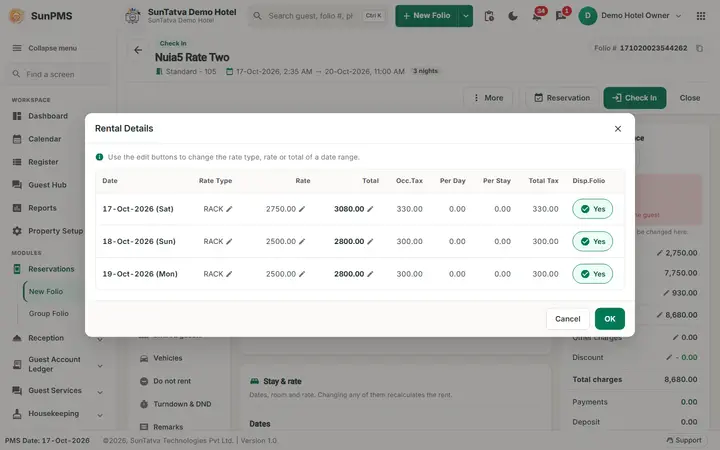 Folio - Rate per Night, Rate Change and Tax Exempt: summary and Rental Details