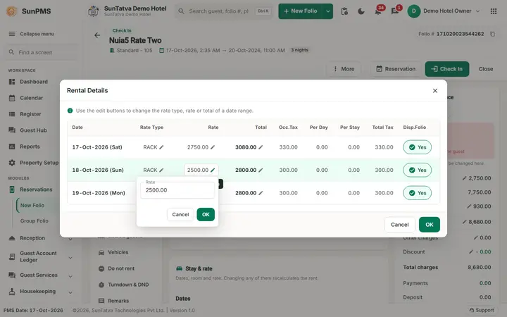 Folio - Rate per Night, Rate Change and Tax Exempt: folio rate tax night rate edit