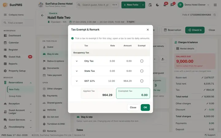 Folio - Rate per Night, Rate Change and Tax Exempt: folio rate tax tax dialog