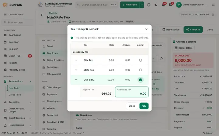 Folio - Rate per Night, Rate Change and Tax Exempt: folio rate tax tax exempt