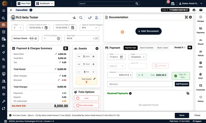 Folio - Locked Reservation, Copy Reservation and Read-Only States: cancelled folio