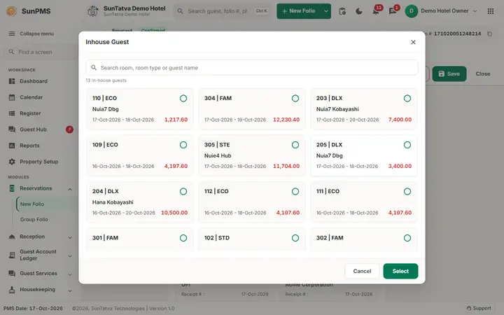 Folio - Payment Transfer and Billing to a Company: folio transfer inhouse guest