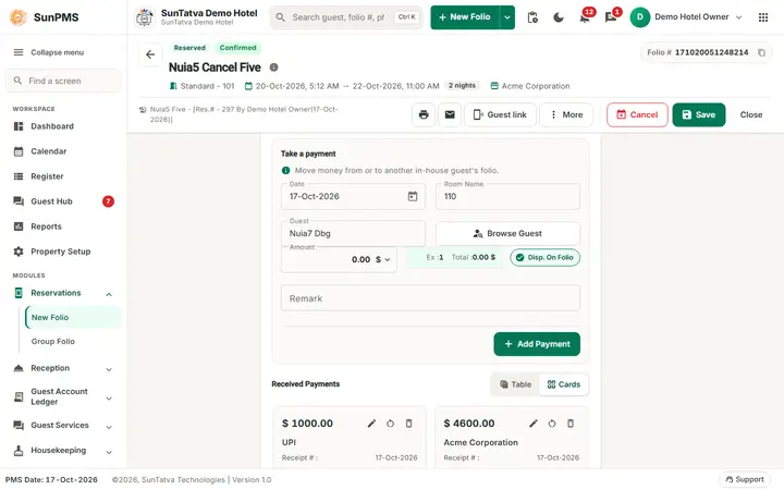 Folio - Payment Transfer and Billing to a Company: room / Guest tab with the guest chosen