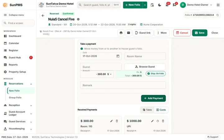Folio - Payment Transfer and Billing to a Company: folio transfer transfer line