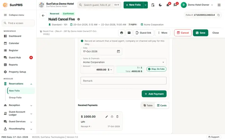 Folio - Payment Transfer and Billing to a Company: folio transfer sales channels tab